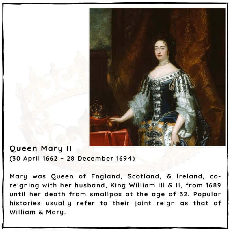 BritishHistorym's tweet photo. #otd 30 April 1662 – Mary II was born (d. 1694)
Mary II was Queen of England, Scotland, & Ireland, co-reigning with her husband, King William III & II, from 1689 until her death from smallpox at the age of 32.
#QueenMaryII #MaryII #Royalhistory #HouseofStuart https://t.co/hs0NZvrny3