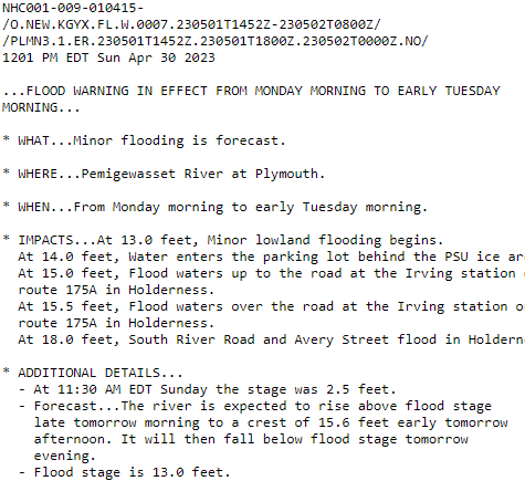 ⚠️River Flood Warning in effect for Pemigewasset River Plymouth, NH. With 1.5-2.5in of rain between now and early Tues and remaining snow melt in the mountains, the river is forecasted to reach 14.5ft. At this stage, water enters the PSU Ice Arena lot. Please move your cars!