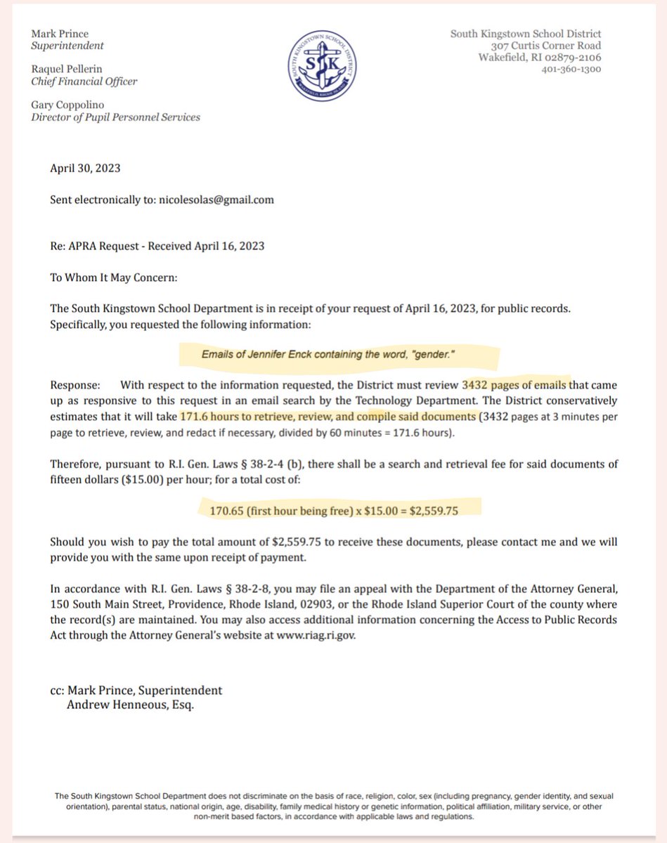 Nicoletta0602's tweet photo. An elementary school counselor should not have 3,432 pages of emails talking about gender. 

And it should not cost me $2,559.75 to see them. https://t.co/kFr8DdxkLl