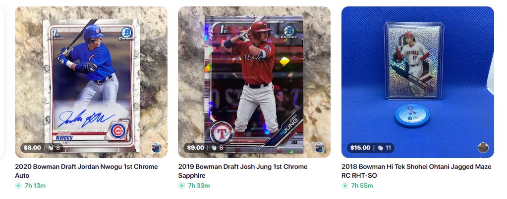 Just a few of the Bowman beauties ending at auction today in @midwestboxbreak Marketplace Auctions!

iso.gg/midwestboxbrea… <- Bid & Watch here

#Collect #ToppsBaseball #1stBowman #Ohtani #DruwJones