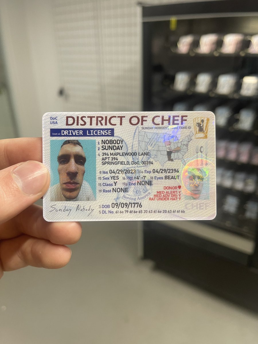 Fake fake ID #3: District of Chef 
If we combine several midwestern states, it looks like a chef holding a plate of food. The rat from Ratatouille is the governor. 
If you’d like one of the fake fake ids here’s the link to order online. sundaynobody.com/store/p/fake-f…