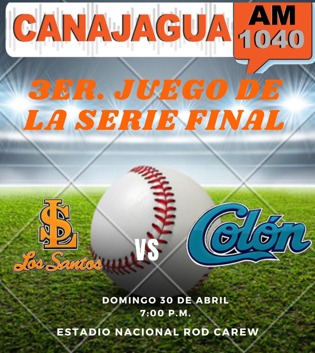 Tercer partido de la Gran Final del Campeonato Nacional de Béisbol Mayor, en donde el equipo de Los Santos visita al equipo de Colón desde las 7:00 p.m. en el Estadio Nacional Rod Carew, en la narración Carlos Ortíz, comentarios Domingo Mingo Castilloy Gustavo Durán.