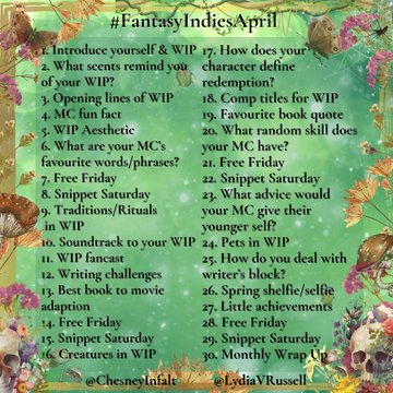 #FantasyIndiesApril D30

Oh boy, I've missed most of these this month. Bad Mae. 
But, as a monthly wrap up, I now only have 100 pages left on MT's main edit - so I'd still call that a success. Another week and I get a well-deserved break *falls over*