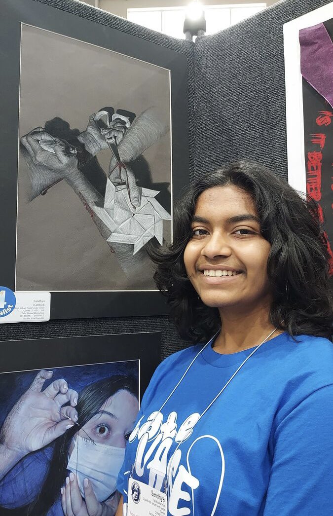 MrsReynoldsArt's tweet photo. Sandhya received a state medal for her charcoal piece, Mutual Destruction. Congratulations Sandhya! #chs9family #chs9family #coppellart #taea #statevase #statevase2023 @CHS_9 @CoppellFineArts https://t.co/I7b8BeH3Sq
