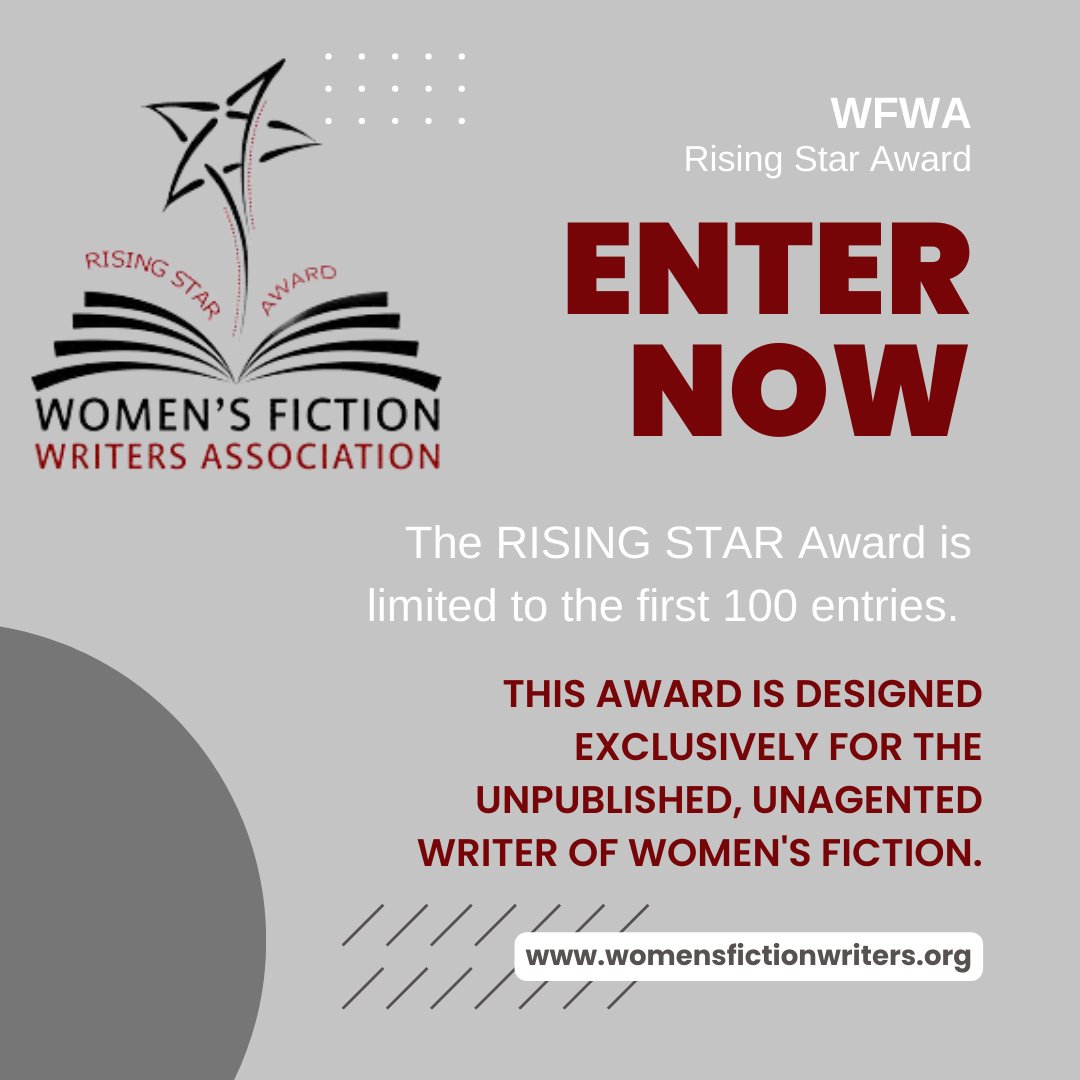 The Rising Star Award is now accepting entries from WFWA members. 

This award is designed exclusively for the unpublished, unagented writer of women's fiction. 

Learn more and enter: buff.ly/3qHs0vl 

#wfwarisingstar #womensfiction #unpublished #contest #risingstar
