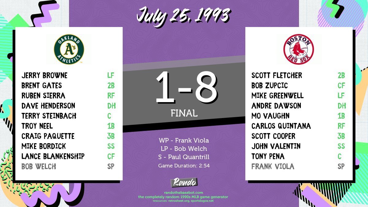 RandoBasebot's tweet image. Today&apos;s completely random game is @Athletics vs. @RedSox on July 25, 1993. #RandoBasebot

🤖: randothebasebot.com/?game=OAK_BOS_…