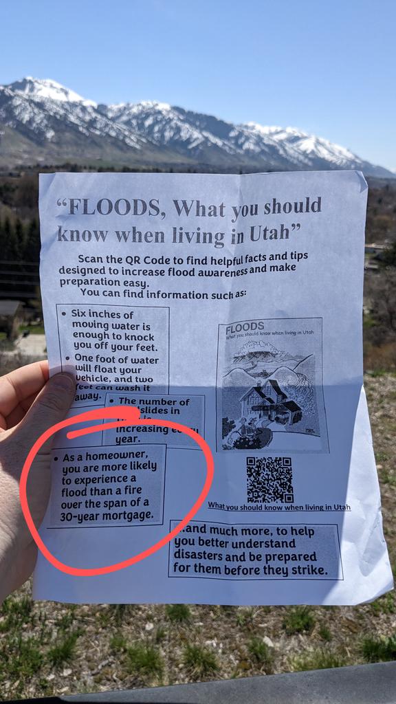 CimCity's tweet photo. If experiencing a flood at my house is more common than a ๐ฅ, why doesn't my insurance require I have flood detectors and flood extinguishers? ๐ #utwx #ut #utflood https://t.co/QGrINpcQcN