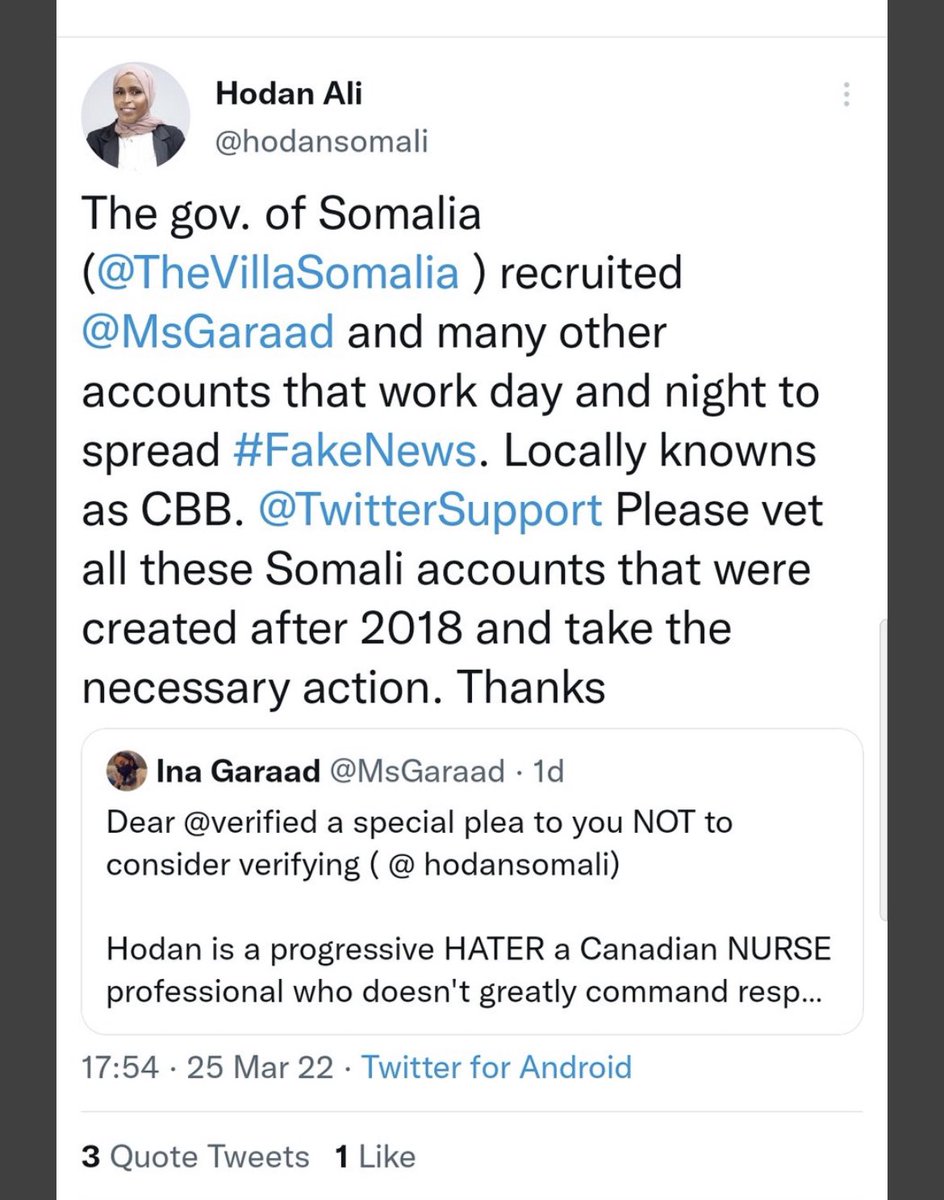 AmbWarsame's tweet photo. #HodanJamaica strikes again — this time trolling. #SomaliPatriot @SomPundit — remember she used to troll @EGaraad_ — #Somalia #CBB #NN #Jamaahirta — I have seen her hosting #FakeNN Twitter spaces lately ! https://t.co/qnnvujoLrw
