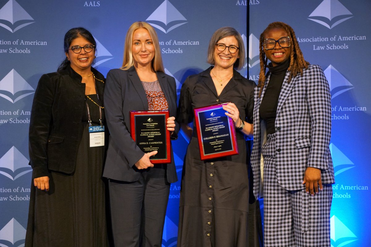 TheAALS's tweet photo. Anna Carpenter (@ACarpenterProf, @sjquinney) &amp; Colleen Shanahan (@shanahanlawprof, @ColumbiaLaw) receive the Ellmann Memorial Clinical Scholarship Award from Norrinda Brown Hayat (@norrindahayat, @FordhamLaw) &amp; Anita Sinha (@asinha_prof,@AUWCL) at #AALSClinical. https://t.co/ubWxXDwdvs