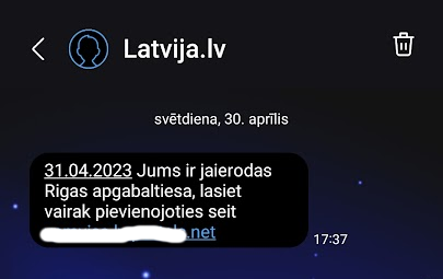 Interesantu pikšķerēšanas īsziņu saņēmu. Dīvains datums, dīvaina adrese, pati lapa ar vairāku banku autorizācijām. 
Certam pateicu, bet uzmanieties un, ja ir šaubas, paskatieties paši lapā latvija.lv