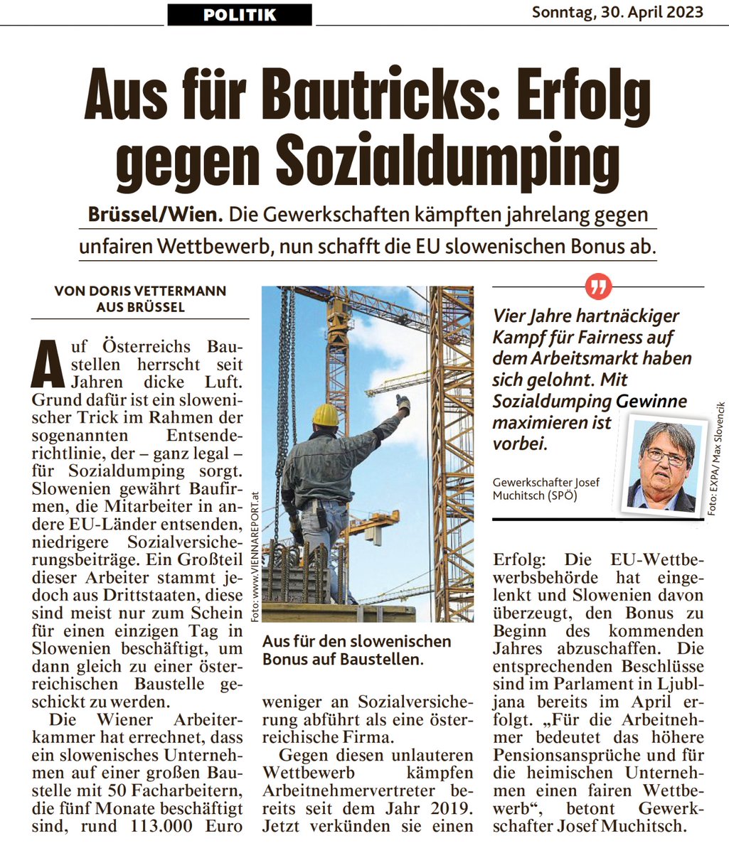 Riesenerfolg der GBH: Der slowenische Entsendebonus wird abgeschafft! Seit 2019 kämpfen wir in Brüssel gegen diesen slowenischen SV-Bonus an. Unsere Hartnäckigkeit  hat gesiegt, Brüssel lenkt ein und Slowenien schafft diesen ab. Stolz auf Bau-Holz! Die Krone berichtet.
