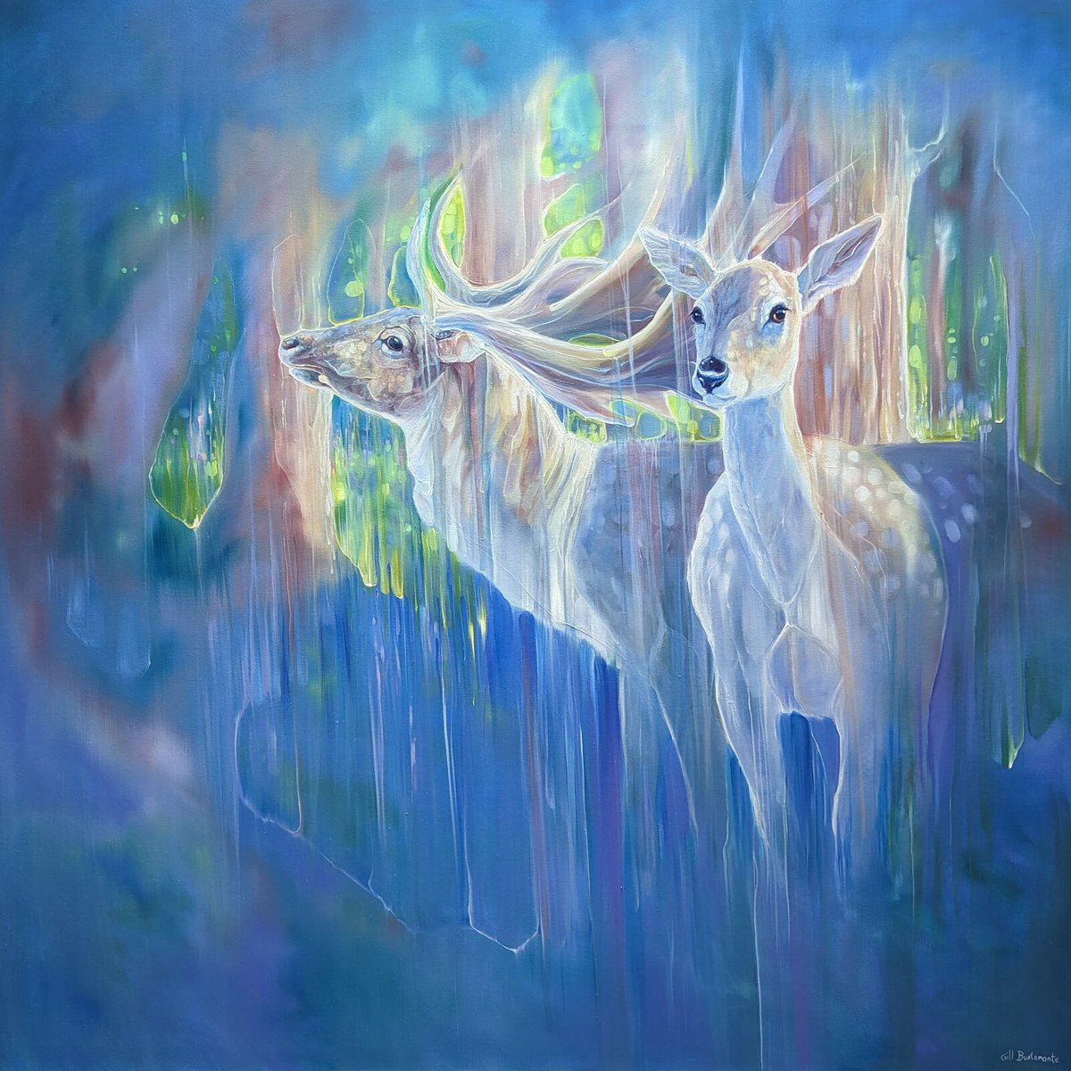 GillBustamante's tweet image. Recent addition to my #etsy shop: Divine Monarchs is a large semi-abstract wildlife painting of two deer in a bluebell wood in springtime etsy.me/3LI1WeL #kitchendining #stretchedcanvas #abstract #horizontal #plantstrees #contemporary #blue
