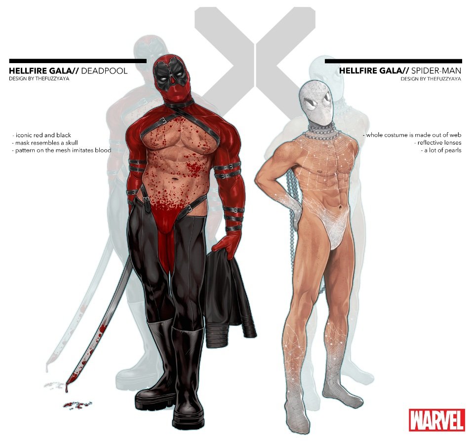 thefuzzyaya's tweet photo. Tried to do a little design for Hellfire Gala for Spideypool just for fun 😬 https://t.co/JJx0yNWC2A