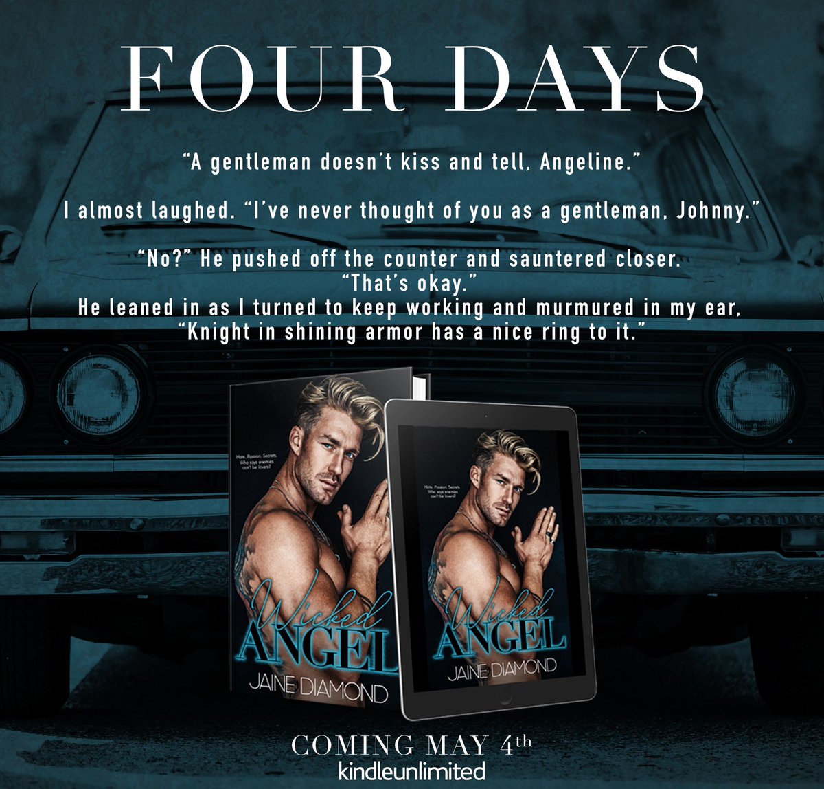 𝐖𝐢𝐜𝐤𝐞𝐝 𝐀𝐧𝐠𝐞𝐥 by Jaine Diamond is releasing in FOUR DAYS! This is a scorching hot, best friend’s brother, anti-hero romance. You do not want to miss Johnny &amp; Angeline’s story!
Preorder: mybook.to/WickedAngel