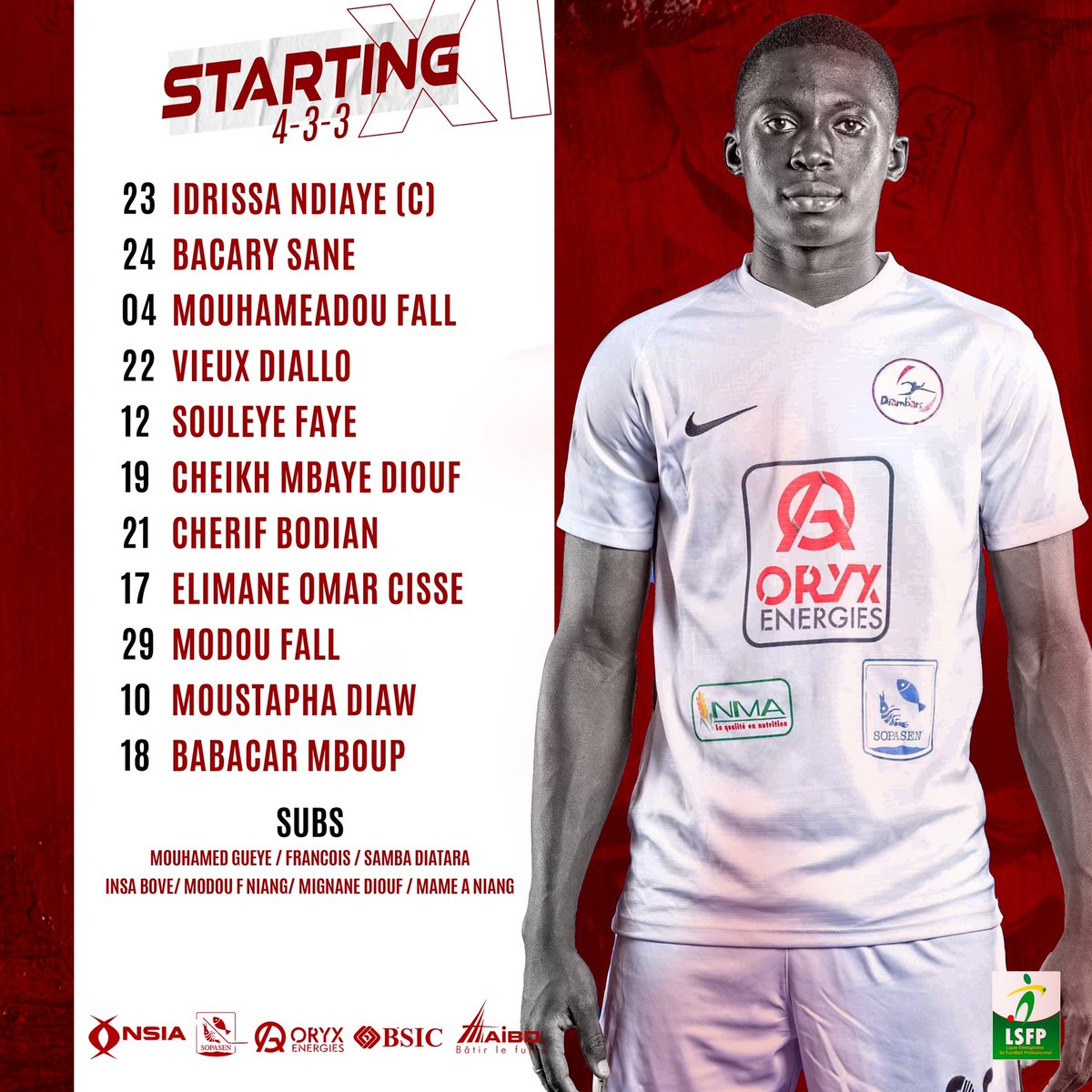 diambars_fc's tweet image. 0’ | Le onze. 

#JARDFC #FootLocalSN #Ligue1SN @LSFP_sn #DiambarsWeAre 🔴⚫️