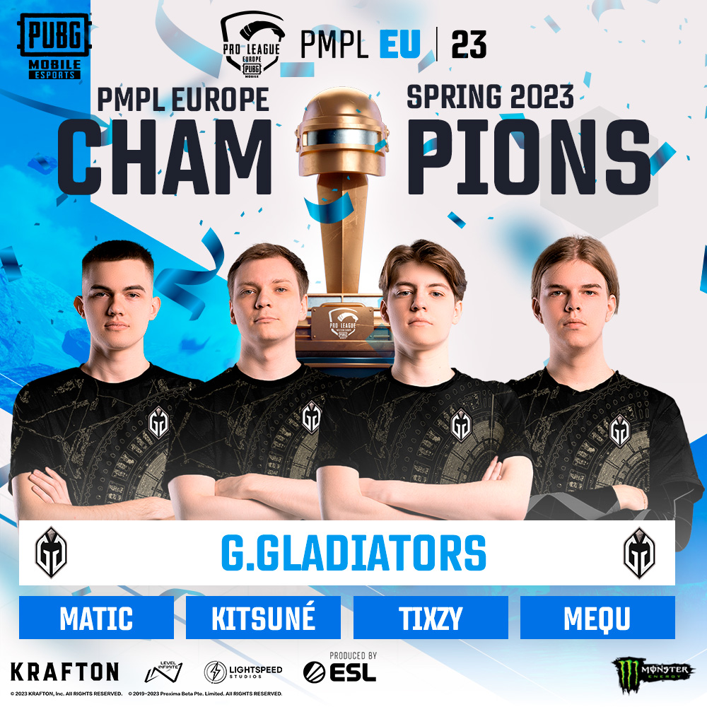 ⚔️ Raise your swords! ⚔️
YOUR PMPL EU SPRING 2023 CHAMPIONS ARE-

🥇🥇🥇 <a href="/GaiminGladiator/">GG | Gaimin Gladiators ⚔️</a> 🥇🥇🥇

Follow our official channels:
📺 linktr.ee/esportspubgmeu

#PMPLEU