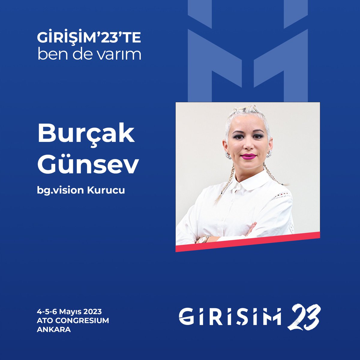 23Girisim's tweet photo. https://t.co/nEHDolJyYX Kurucusu Burçak Günsev, Girişim'23'te ben de varım diyor! 
Haydi #sendeyerinial 🫵🤝 çok az kaldı.
Henüz kayıt yaptırmadıysanız hemen 
https://t.co/Uu6HyyIH1d'dan kaydınızı oluşturup biletinizi alabilirsiniz.

📅4-5-6 Mayıs 2023
ATO Congresium Ankara https://t.co/jCeuvFhZRR