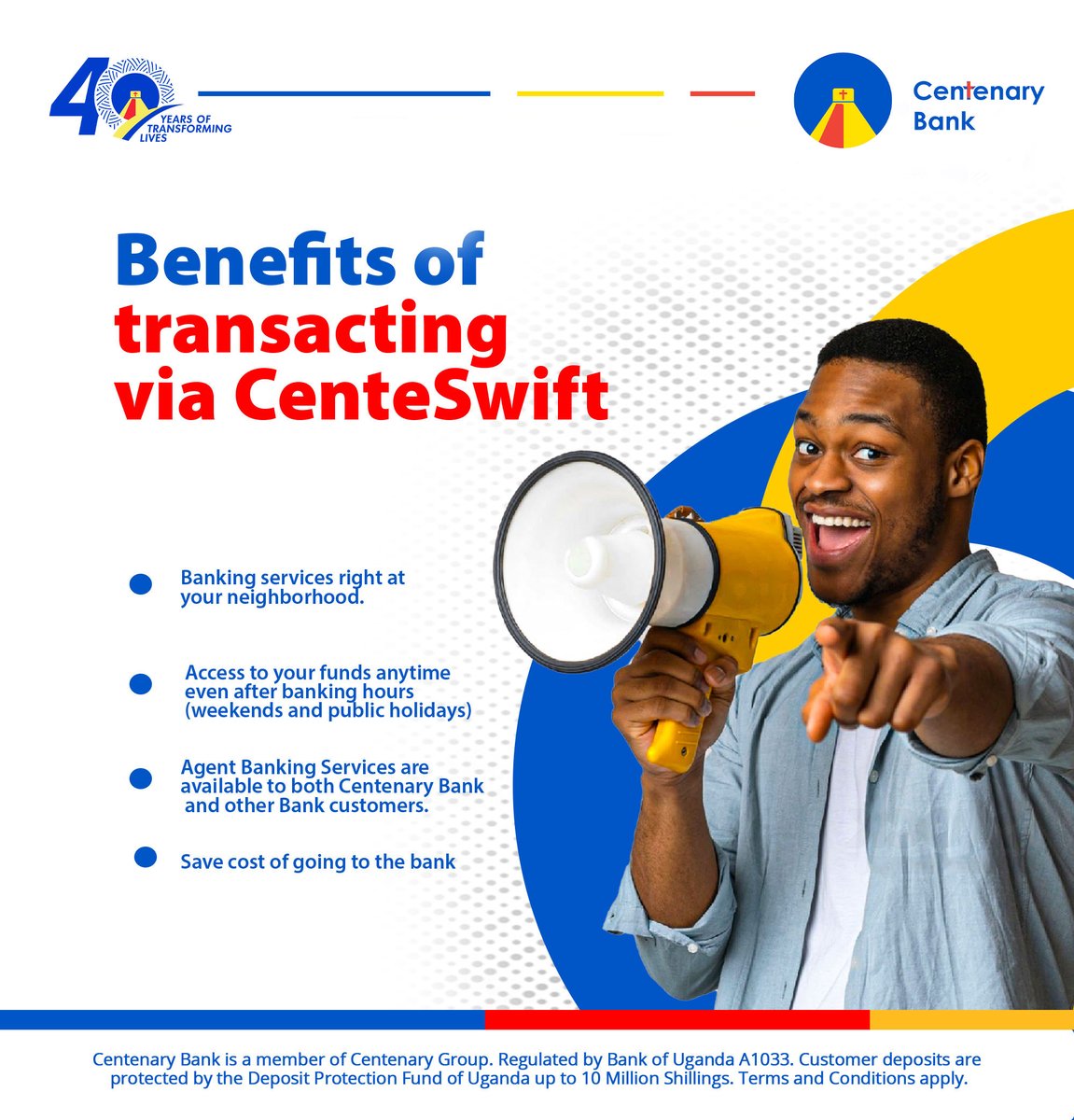 CentenaryBank's tweet photo. Say goodbye to the long lines in the bank!
#CenteSwift allows you to send and receive money conveniently at any CenteAgent location. Music to your ears? Visit any of our agents to transact today! #BankingReimagined https://t.co/WVBLpX7mwk