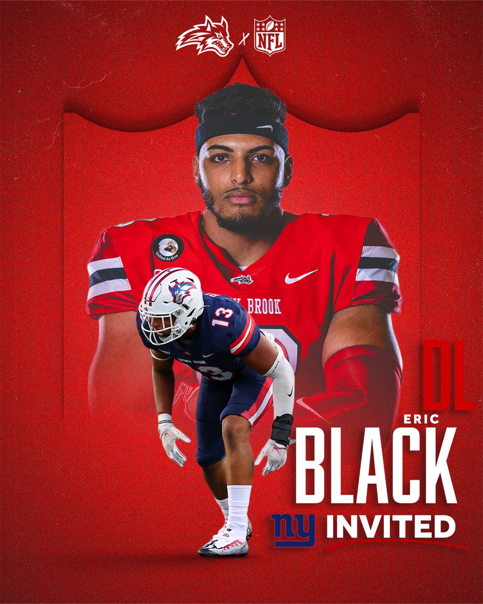 StonyBrookFB's tweet photo. 𝐈𝐍𝐕𝐈𝐓𝐄𝐃 💪

Congratulations to @eblack_ on receiving an invite from the @giants!

🌊🐺 x #ProWolves x @NFL https://t.co/5Dxq088qQi