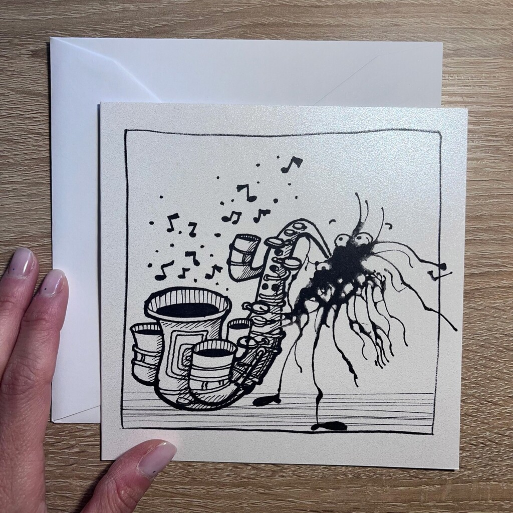 iCosini's tweet photo. [Ita👇️ ]What better occasion than International Jazz Day to show you an illustration entitled 'Jazz'? ⁠
⁠
It's a little thing that I drew by first making an ink blot, and then turning it into this cute character. ⁠
I love how he is hearing the music he is playing! ⁠
⁠
Th… https://t.co/pnHkV9i90A