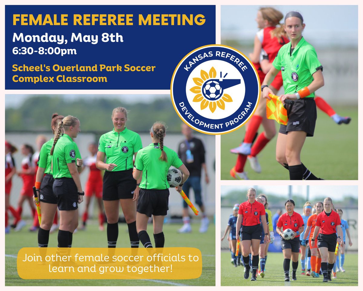 The May KRDP Female Referee Meeting is just around the corner! If you’re a female soccer official in the KC area, we’d love to see you on the 8th!

🗓️: Monday, May 8th
⏰: 6:30-8:00pm
📍: Scheel’s OP Soccer Complex (field house classroom)

#KSRefPro #KansasReferees #KRDP