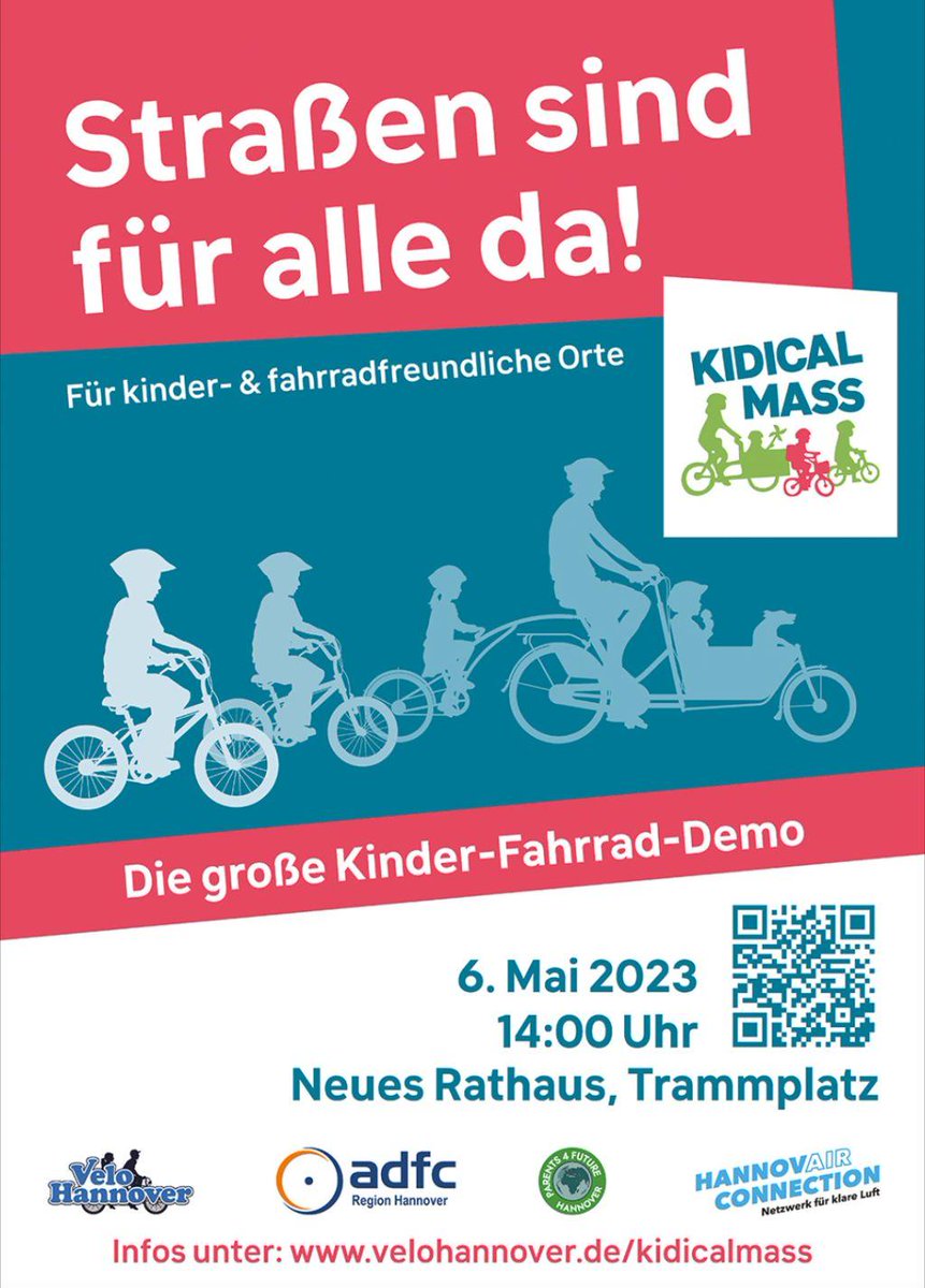 Herzliche Einladung zur Kinderfahrraddemo am nächsten Samstag! Teilt die Info gerne. Programm unter anderem
- Sag es dem Oberbürgermeister: Wünsche für kinderfreundliche Mobilität in Hannover
- Lastenräder testen
- Rundfahrt auf dem Cityring (ab 15 Uhr)