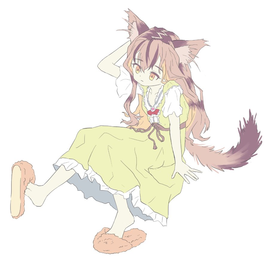 1girl animal ears solo tail dress long hair slippers  illustration images