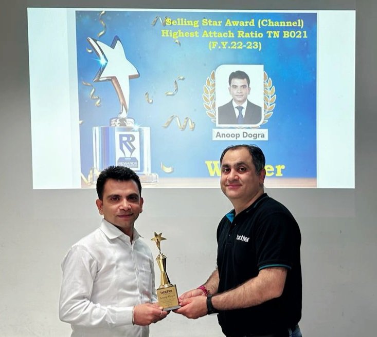 dograanoop87's tweet photo. I'm humbly Thankful to  #BrotherIndia for Two Selling Star Award FY22-23. i would like to extend Gratitude to my Boss Ashish Kalra San, all the Team and  Partners for their Guidance and support. 
ofcourse, Deeply Thankful to my parents and family as their blessings are fuel 4 me. https://t.co/67vHxOVQp8