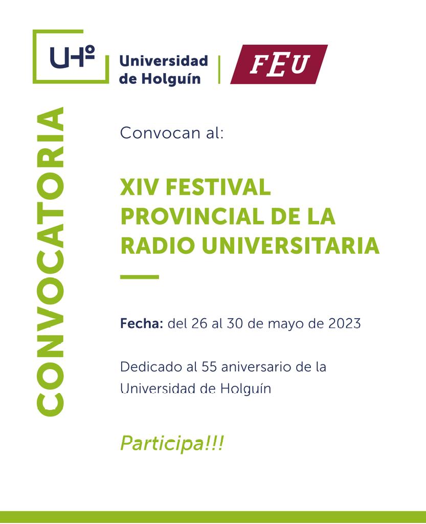 📣 Edición XIV del 
👉 Festival Provincial de la Radio Universitaria

📆 del 26 al 30 de mayo del 2023
🏫 Universidad de Holguín

📍 Pincha este enlace para saber los detalles: 👇👇👇

feudefacim.odoo.com/fpru 

#SomosFEU #SomosUHo