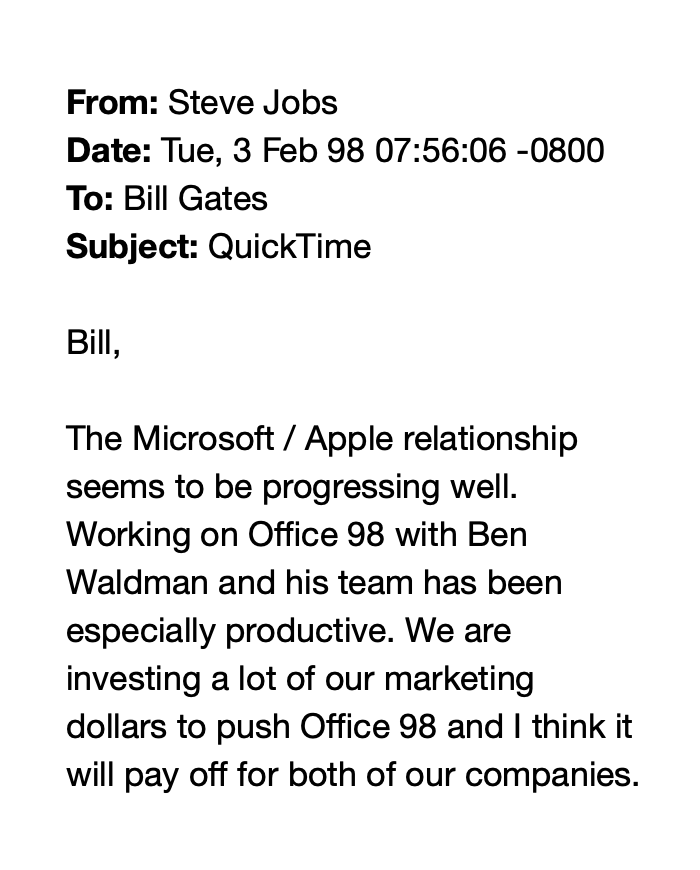TechEmails's tweet photo. Steve Jobs emails Bill Gates

February 3, 1998 https://t.co/bqGSYOfd9Z