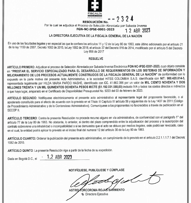JuanPoe's tweet image. Sabían que la Fiscalía de Barbosa le dio un contrato el 12 de abril de 2023 a la empresa HITSS Colombia SAS por 1192 millones, cuya representante legal es Hilda Pardo Hasche hermana de Enrique Pardo Hasche, uno de los testigos del caso Uribe. ¿Qué hay detrás de esto? Hilo👇