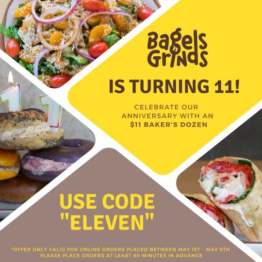 Happy 11th Birthday to Bagels 'n Grinds! 🎉🥳 Come celebrate with us and enjoy our special deal of $11 baker's dozen 🥯  from now until May 5th! Don't miss out on this delicious offer! #BagelsnGrindsBirthday #FreshBagels #SpecialDeal #BakersDozen