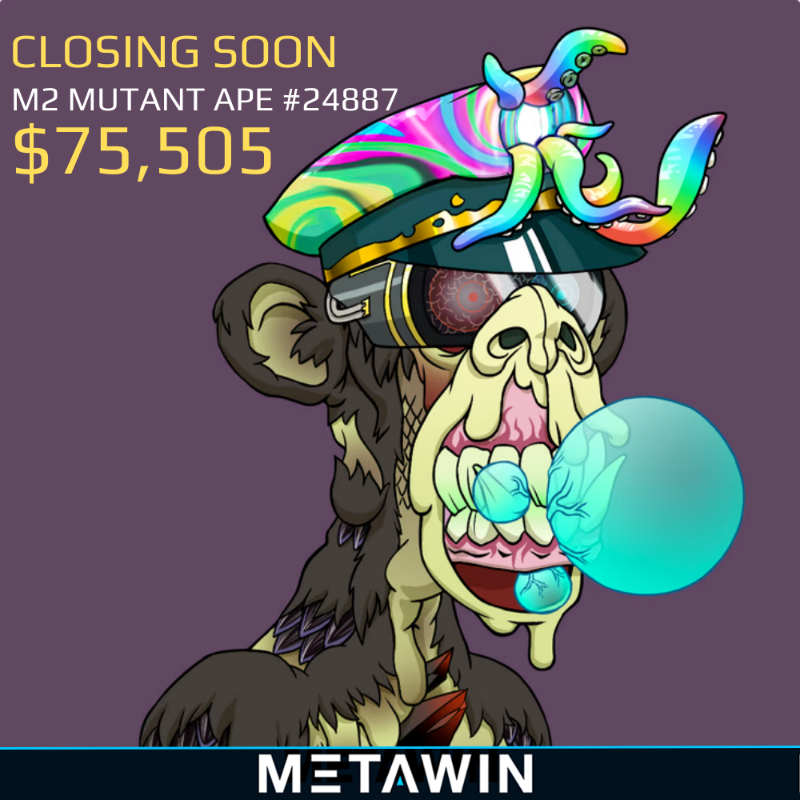 MetaWin's tweet photo. CLOSING SOON! ⏰

Win Mutant Ape Yacht Club #24887 valued at $75,505 today at MetaWin.  🦧

Just takes one ticket to walk away with this life changing prize. 

Get up to 115 Free Entries Here: https://t.co/YQa0I8g8bO