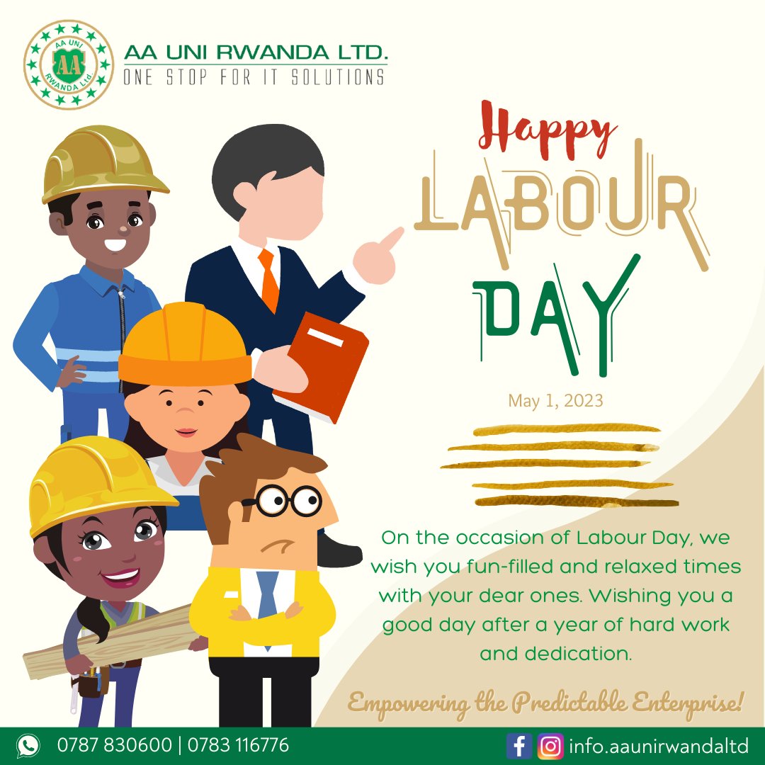 On the occasion of #LabourDay, we wish you fun-filled and relaxed times with your dear ones. Wishing you a good day after a year of hard work and dedication.

#Rwanda #Rwandan #RwOT #RwotGain #Rwandans #kigaliupdates #socialmediamarketing #aaunirwandaltd #accountingsoftware