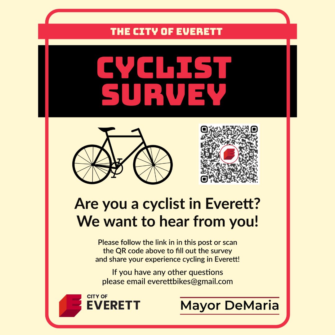 Mayor_DeMaria's tweet photo. The city wants to hear about your experience, get some feedback and hear about your interest in the future of Everett cycling. For more information on cycling in Everett, please email everettbikes@gmail.com
Take the survey ➡️ https://t.co/tlYy3iDlkX https://t.co/E54HeEuBPy