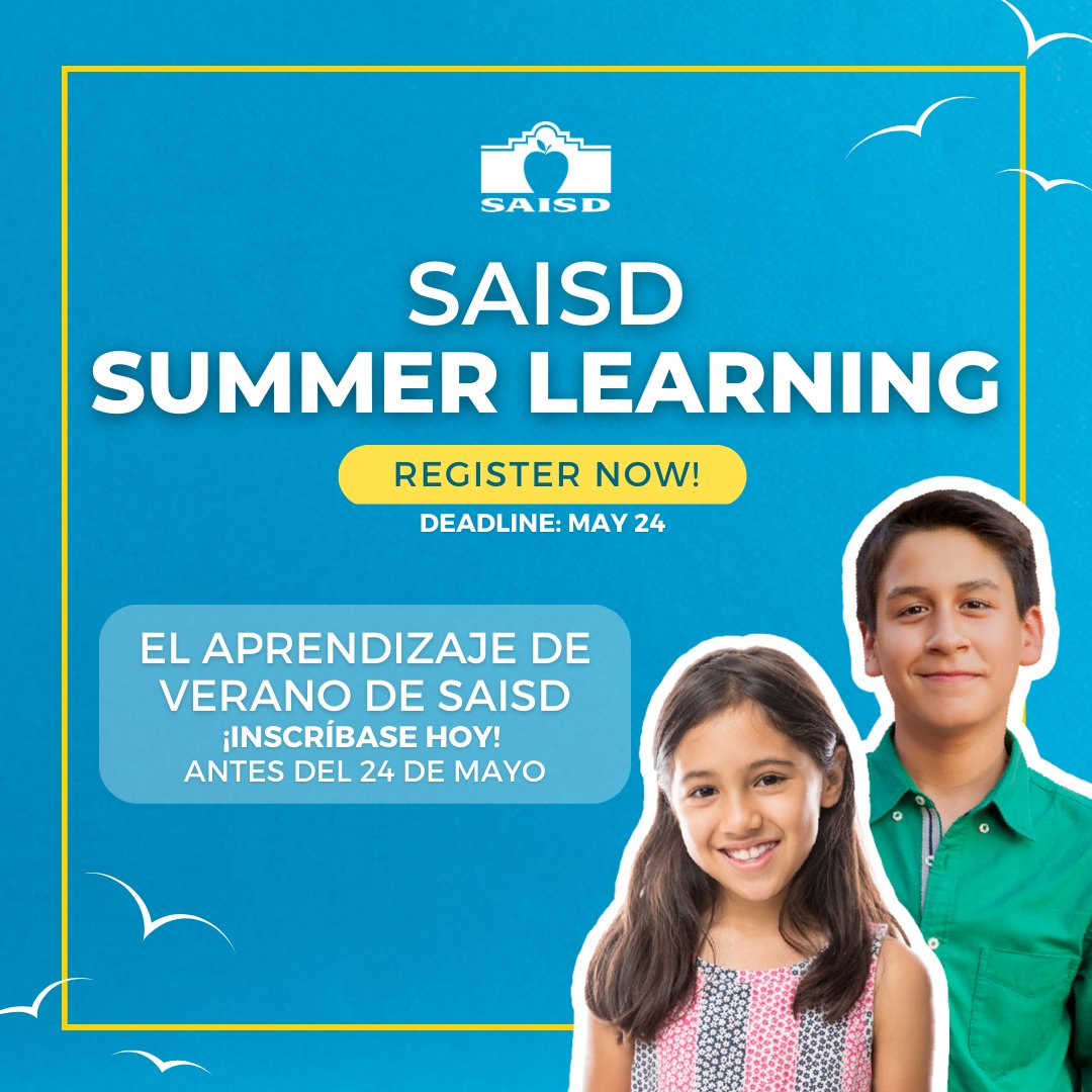 SAISD is offering exciting summer programming for rising K-12 students. Register now! 
➡️ saisd.net/summerlearning
SAISD ofrecerá programación de verano de alto impacto, cautivadora y emocionante para los estudiantes que están por entrar a K-12. ¡Inscríbase ahora!