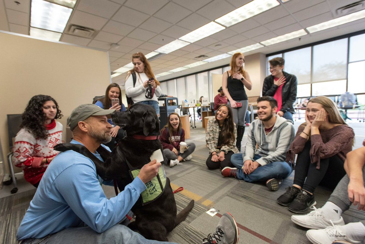 Need to relieve some stress before finals? Stop by @alkeklibrary May 2 & 3 between 11 a.m. and 1 p.m for some canine therapy. You don't wanna miss it! buff.ly/3LyaSmS