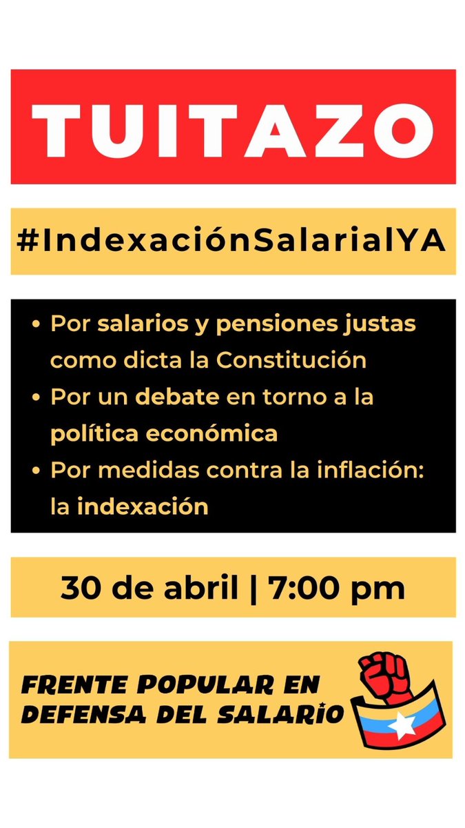TRABAJADOR Y TRABAJADORA DE LA PATRIA!
Unete a GRAN TUITAZO por la INDEXACION de nuestro SALARIO!
#NoAMedidasCoercitivasUnilaterales 
#SalarioIgualTrabajoJustoYHumano 
<a href="/Frankparaguana/">Frank</a> <a href="/Brcentenario/">Otto Camejo</a> <a href="/gatojulioce/">Julio Cesar Escalona</a> <a href="/jbautistacoro/">Jonathan Bautista</a> <a href="/NEVESKAC/">NEVESKA COLMENARES</a> @almacoraz <a href="/Alberto202424/">Iradis Rodríguez</a> <a href="/NicolasMaduro/">Nicolás Maduro</a>