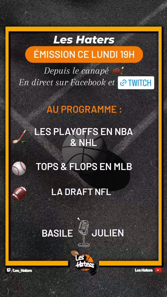 Les_Haters's tweet photo. RDV demain à 19h sur Facebook et https://t.co/Jq5zKVMTyL pour une émission spéciale depuis le canapé 🛋 ! #mondaytalk #Live #LiveStream #stream #Facebook #twitch #playoffs #NBA #NHL #MLB #NFLDraft https://t.co/jNjuSUpehv