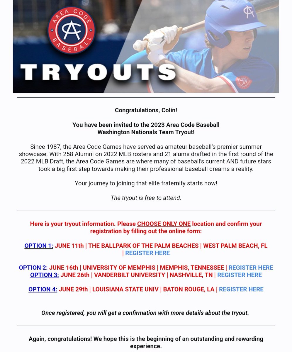 Honored for the invitation to show my talents at the Area Code Games tryouts!<a href="/A3_Trojans/">A3 Academy - Tampa Trojans</a> <a href="/_JeremyBooth/">Jeremy Booth</a> @A3_Trojans <a href="/chriscapozzi5/">Chris Capozzi</a> <a href="/Ground_Up_Bsb/">Julius Gaines</a> <a href="/hittingguru7/">Greg Jacobs 🇺🇸 🥎⚾️ 🇮🇹</a> <a href="/hudsonbelinsky/">Hudson Belinsky</a> <a href="/MBPTakeover/">Minority Baseball Prospects</a> <a href="/Money_Mags/">Johnny Magliozzi</a> <a href="/CoachLemon/">CoachLemon</a> <a href="/NCSARaymond/">Ray Napientek</a> <a href="/TgDbacks/">TG Dbacks</a>