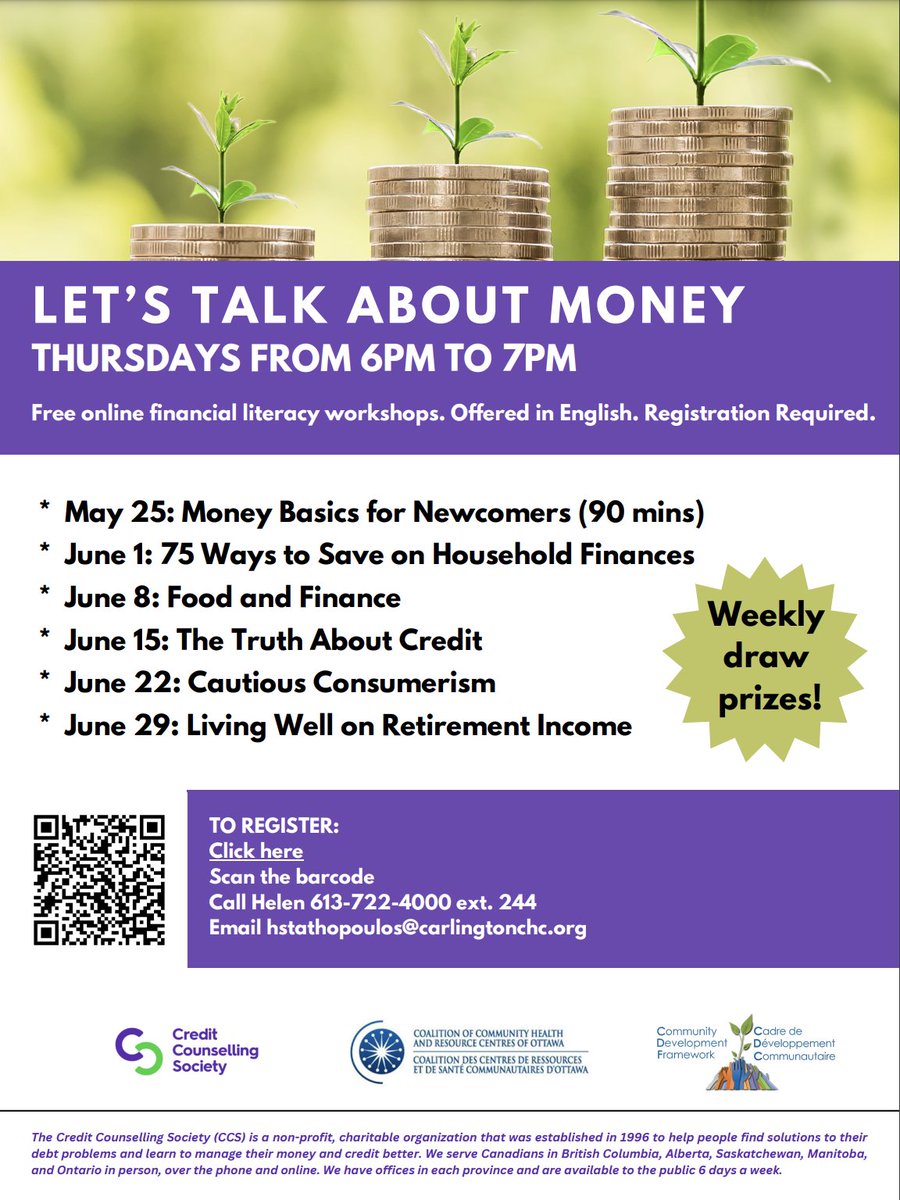 These workshops might be of interest! Free online workshops: Let’s talk about money by the Credit Counselling Society. Thursdays from May 25 to June 29 (six weeks) 6:00 to 7:00 p.m. Registration is required. Find out more here: carlingtoncommunity.org/2023/04/27/160…