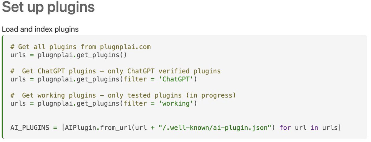 LangChain's tweet photo. PlugnplAI is a database of all ChatGPT plugins by @edreisMD

https://t.co/oFoLbPd61r

These plugins aren't just usable from inside ChatGPT - you can also use them inside LangChain agents! Here's an example using them all at once (via retrieval)

Docs: https://t.co/9aikVrYdvs https://t.co/LF6ACp3Vv1