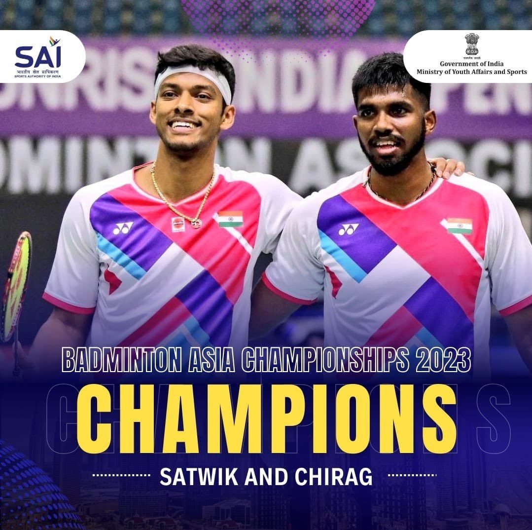 vishwasvpathak's tweet photo. Champions! 🏸

Exhilarating Performance by the golden duo!

Congratulations to @SatwikSairaj &amp; @ShettyChirag04, the first Indian Men's Doubles pair to win the Badminton Asia Championships Title. 
You have made India proud. 🇮🇳 https://t.co/W9KtSuWbgh