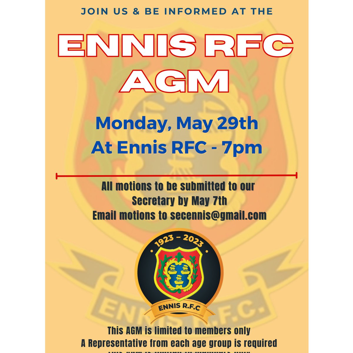 Ennis RFC AGM Notice! At Ennis club house, May 29th @ 7pm