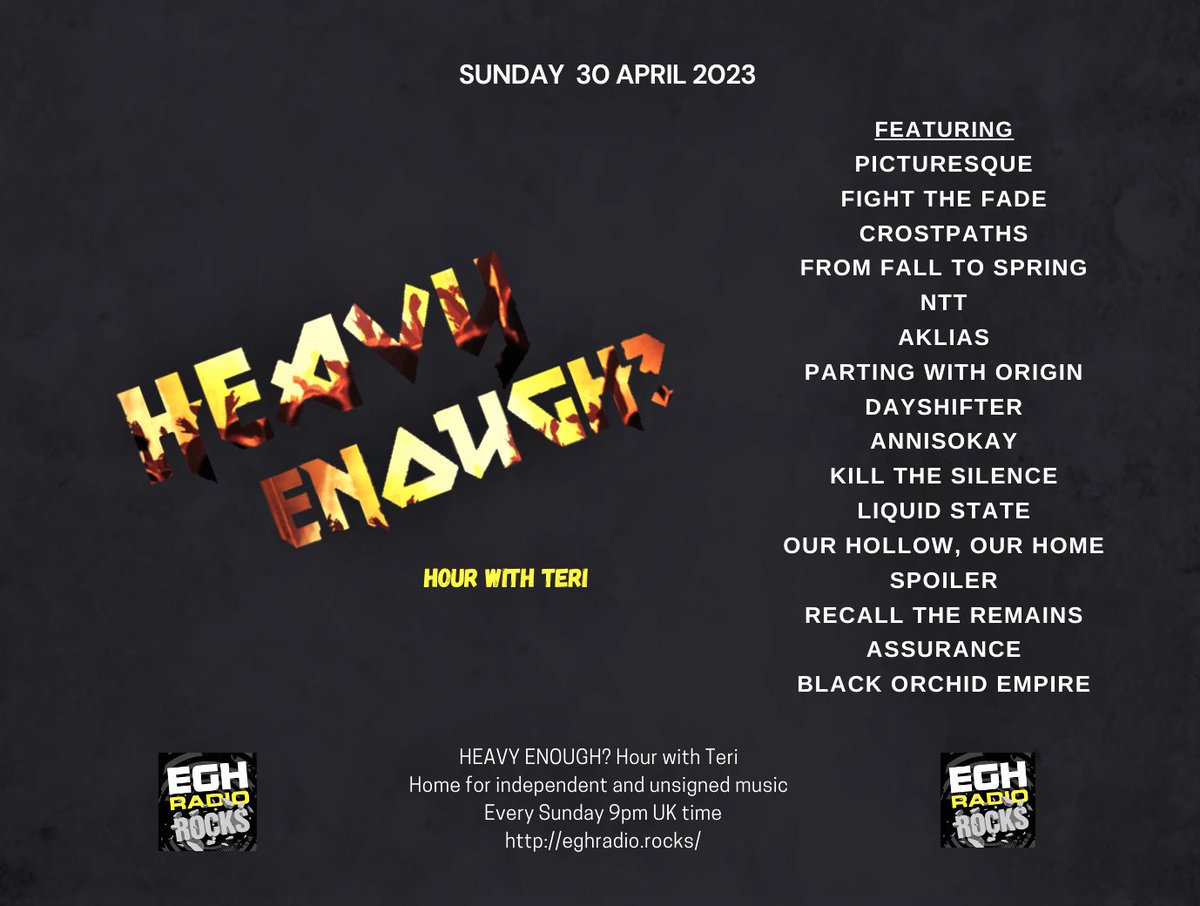 MusicMattersTee's tweet photo. Today 9pmBST
@EGHRocks #HeavyEnough Hour
#ListenHere https://t.co/aQGYmXtSH9
Listen to the new bangers from-
@picturesqueband @FightTheFade @crostpaths @ffts_ger @AlwaysNTT @AkliasOfficial #Partingwithorigin @dayshifteruk +more
Info:https://t.co/ivr7EnJbZH
#NewMusicAlert https://t.co/ZXlZRsRFWb