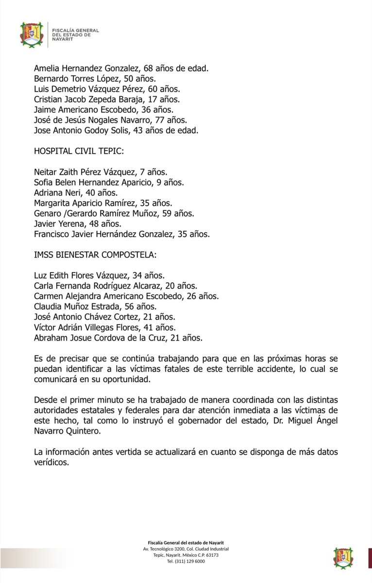 NayaritFiscalia's tweet photo. Debido a que es de interés público el lamentable hecho de tránsito ocurrido en el kilómetro 59 de la carretera federal 200 Tepic Puerto Vallarta, a la altura de la localidad Mesillas, municipio de Compostela, Fiscalía General del estado de Nayarit emite el siguiente comunicado: https://t.co/NjP2YLKj4O