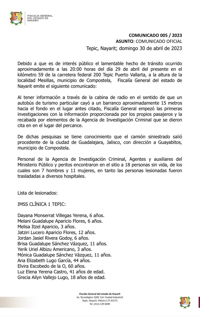 NayaritFiscalia's tweet photo. Debido a que es de interés público el lamentable hecho de tránsito ocurrido en el kilómetro 59 de la carretera federal 200 Tepic Puerto Vallarta, a la altura de la localidad Mesillas, municipio de Compostela, Fiscalía General del estado de Nayarit emite el siguiente comunicado: https://t.co/NjP2YLKj4O