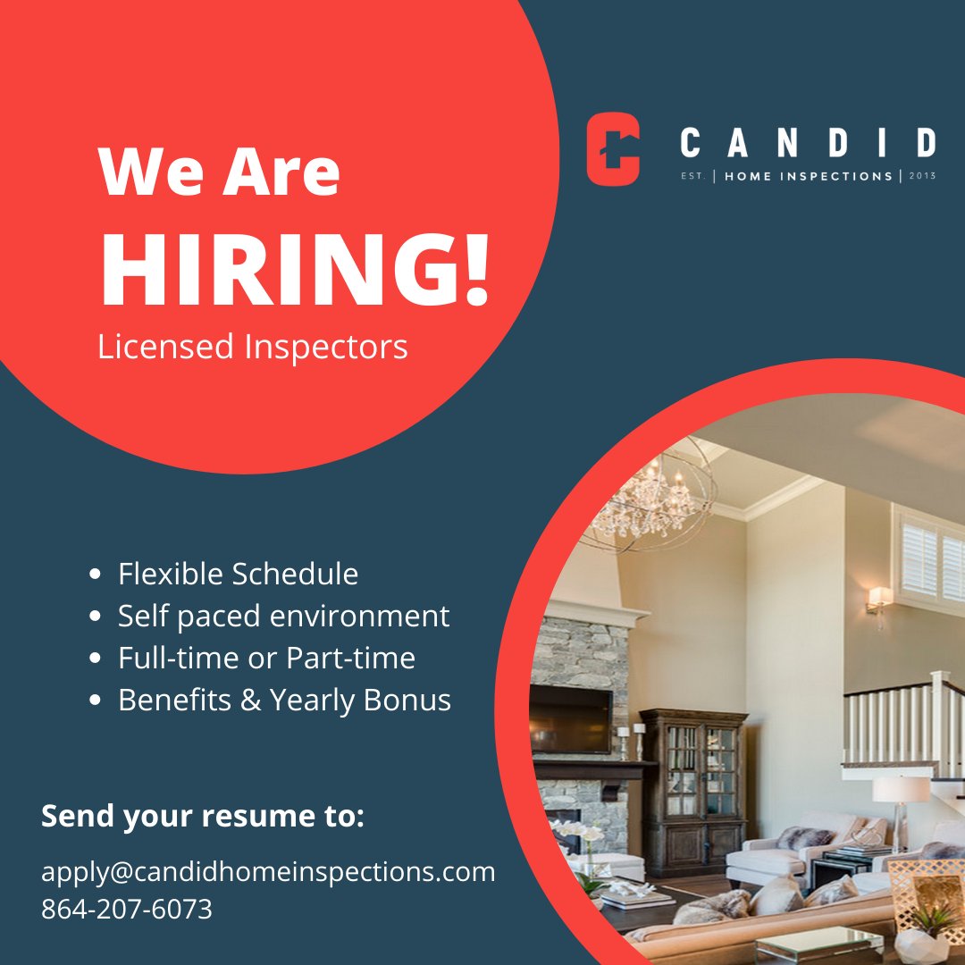 CandidInspect's tweet photo. Are you a detail-oriented individual who enjoys working independently and helping others? Our home inspection company is growing and we are looking for skilled professionals to join our team!  Send your resume to apply@candidhomeinspections and let's talk! https://t.co/7gZDQKwCaq