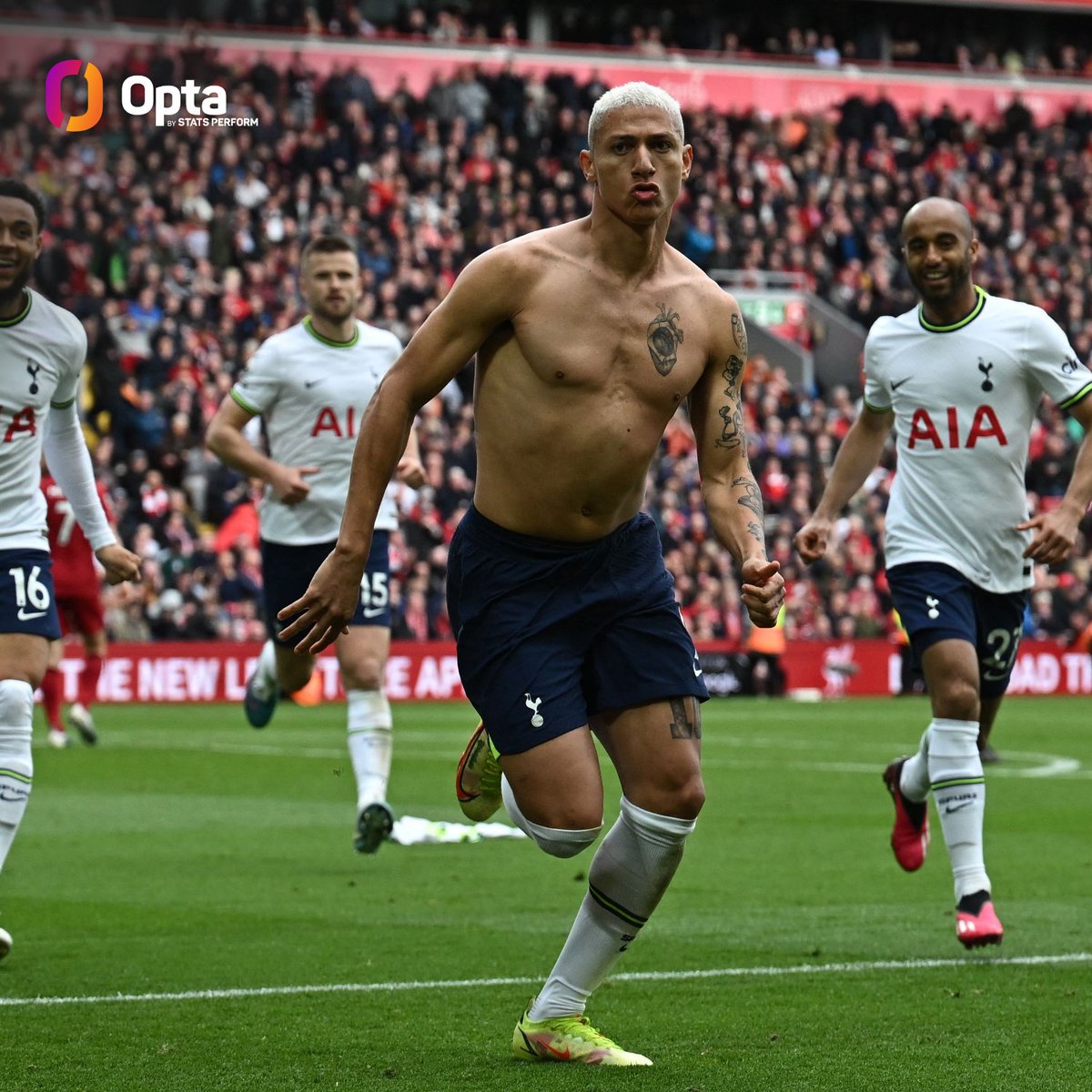 OptaJoe's tweet photo. 99 - There were just 99 seconds between Richarlison equalising for Spurs and Diogo Jota scoring the winning goal to make it 4-3 to Liverpool. Brief. https://t.co/CSVQj3TfYv