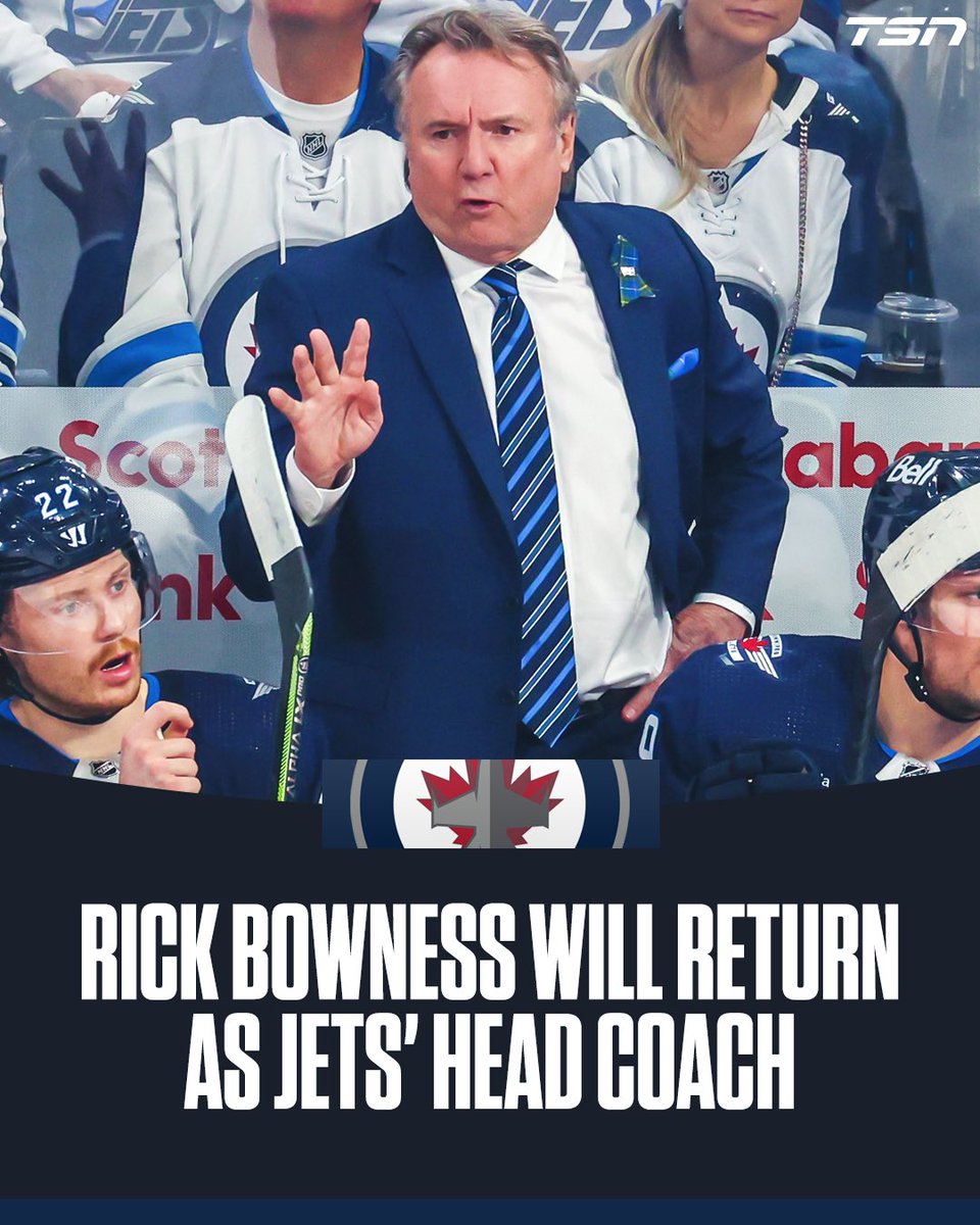 TSN_Sports's tweet photo. Jets GM Kevin Cheveldayoff announces that Rick Bowness will return behind the Jets bench. https://t.co/U5vng0Hxhp